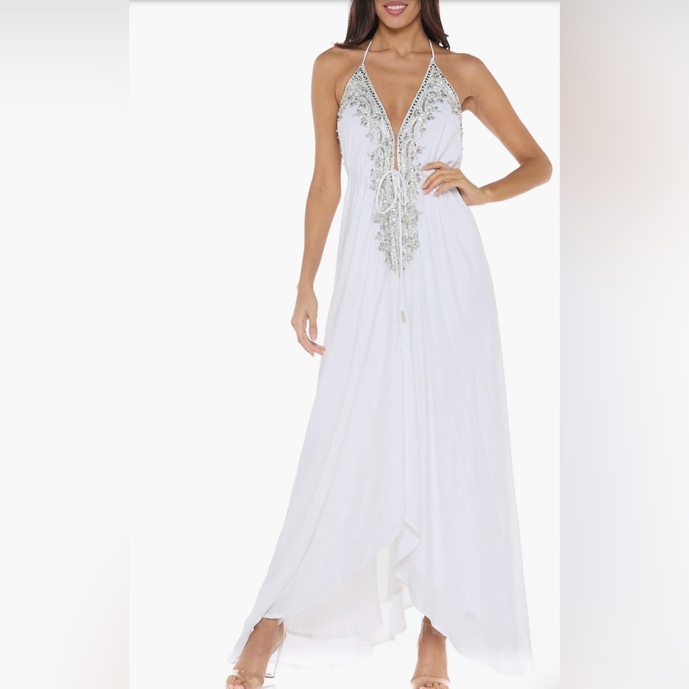 Ranees Plunge Neck Halter Maxi Dress